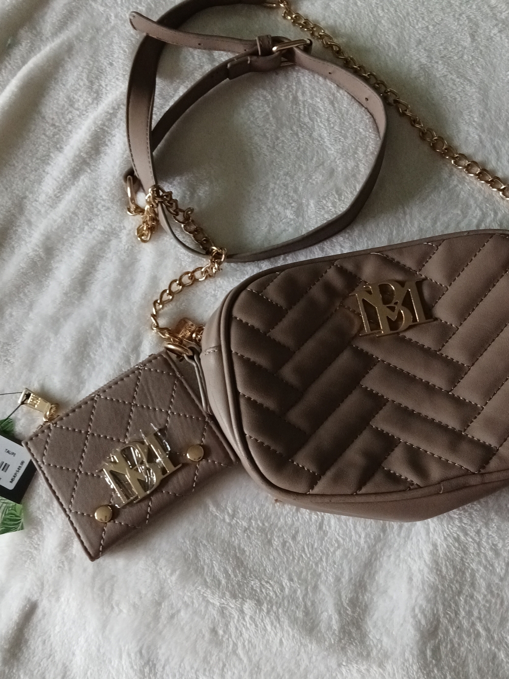 Badgley Mischka Quilted Taupe Crossbody Bag + Mini Wallet + Gold Chain [NWT]